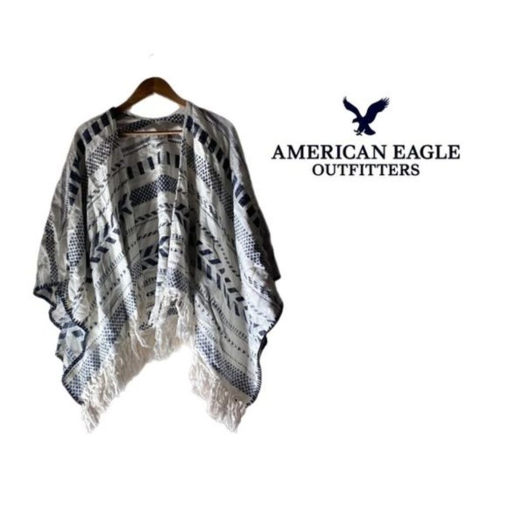 American Eagle Blue White Fringe Shrug One Size